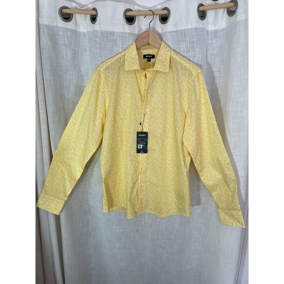 NWT DNKY Men's Yellow Long Sleeve Button-Down Shirt Geometric Print Size Medium - Picture 1 of 7
